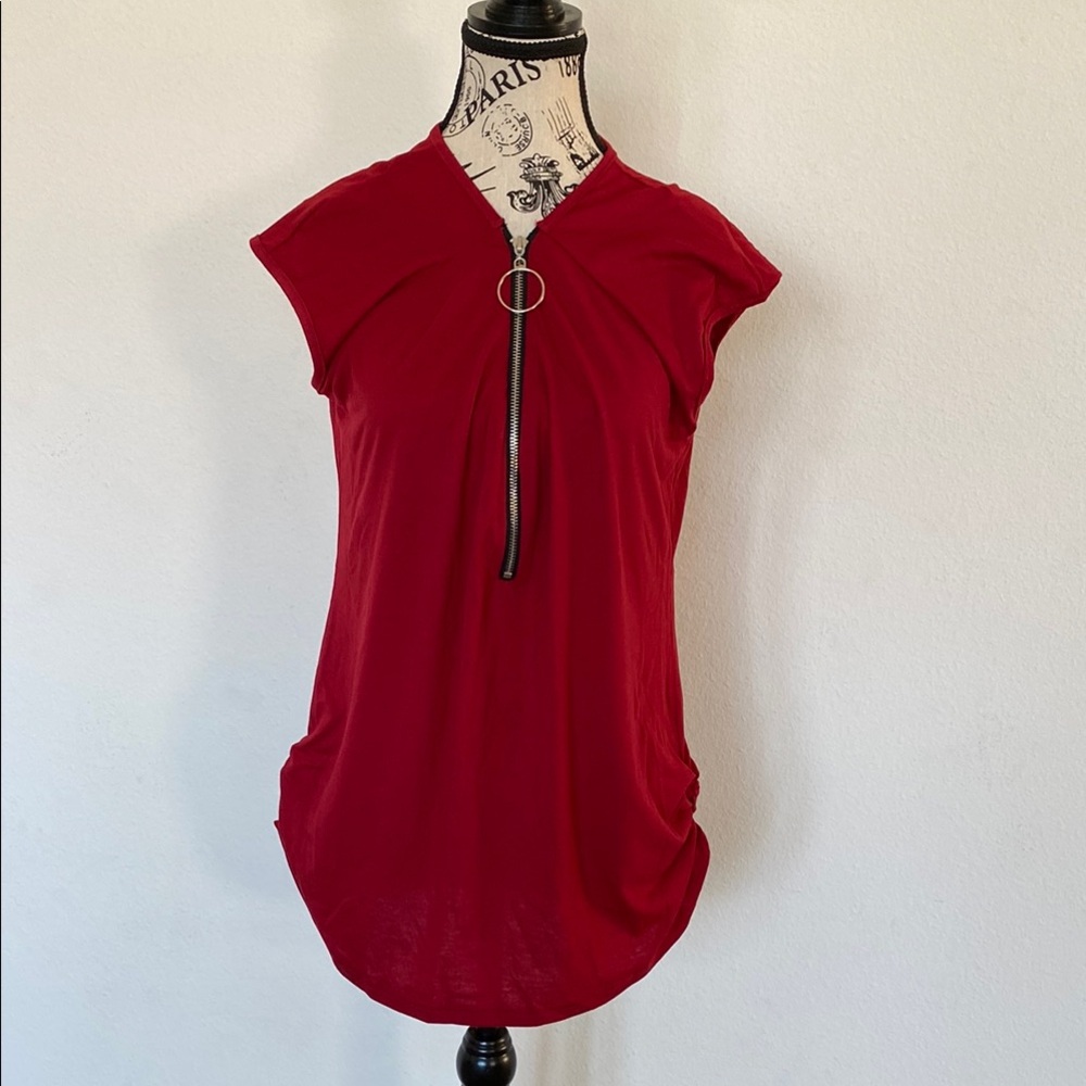 Red Ruched Cap Sleeve Blouse with Zipper